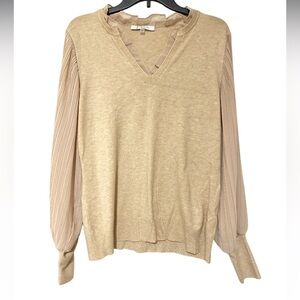 Sioni Ruffle Neck V-Neck Sweater Beige Long Flounce Sleeve Soft - Size L